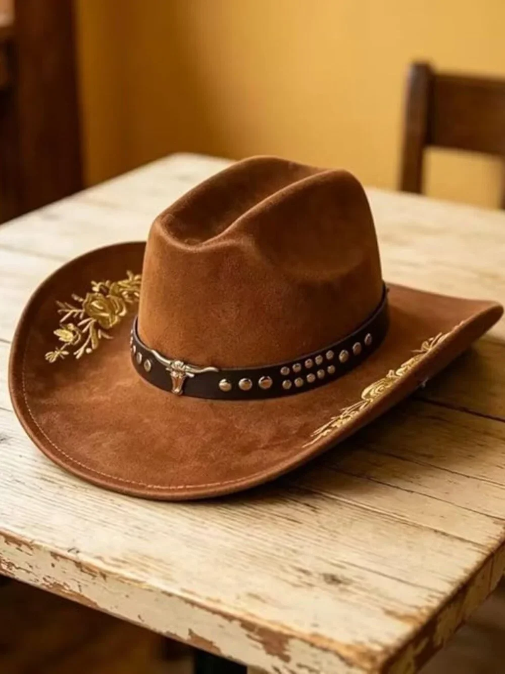 Brown Felt Cowboy Hat Gold Floral Embroidered Cowgirl Hat Rodeo Festival Boho